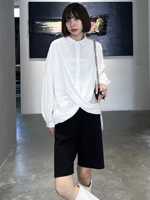 Casual Irregular Solid Color Buttoned Lapel Collar Long Sleeves Blouse