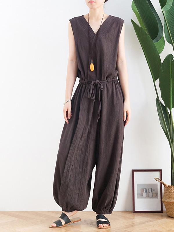 Original Solid Elasticity V-Meck Jumpsuits