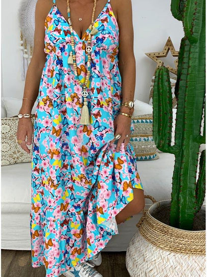 Beach V-neck Printed Spaghetti-neck Maxi Dress