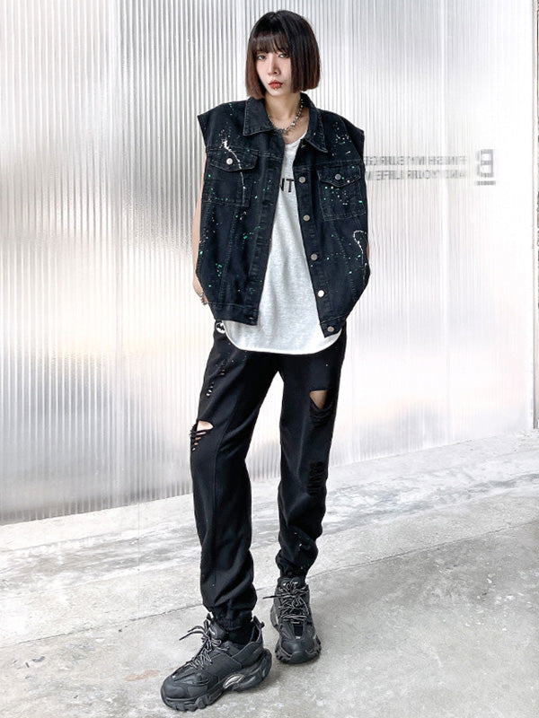 Original Denim Split-Joint With Pocket Splash Ink Buttoned Lapel Collar Sleeveless Vest Outwear