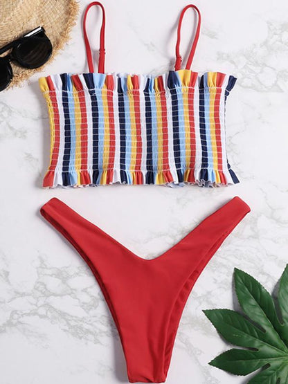 Striped Top Smocked Bikini Set