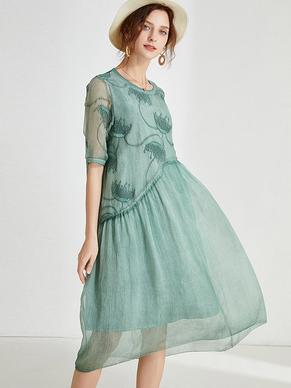 Original Artistic Retro Loose Embroidered Pleated Split-Joint Midi Dress