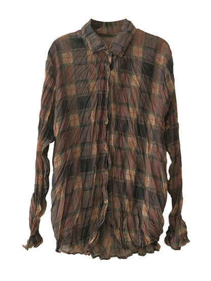 Vintage Long Sleeves Buttoned Plaid Printed Blouses Top