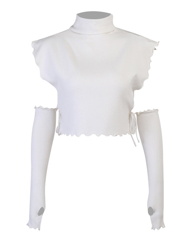 Knitted Hollowed Drawstring Solid Color Tops - kailaple