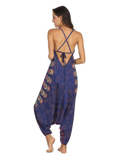 Floral Printed Spagetti-neck Loose Long Jumpsuits