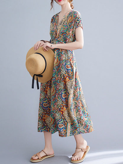 Original Artistic Retro Loose Floral Printed Vacation Midi Dress