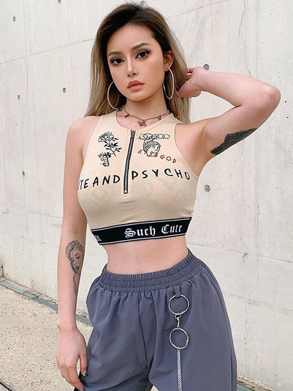 Sexy Wrap Letters Printed Zipper Vest Top