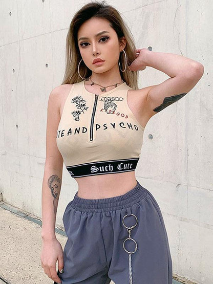 Sexy Wrap Letters Printed Zipper Vest Top