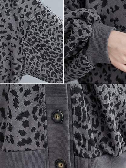 Original Leopard Buttoned V-Neck Long Sleeves Outwear