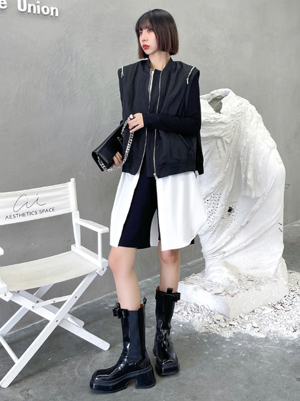 Cool Street Split-Joint Zipper Buttoned Round-Neck Sleeveless False Two Vest Outwear