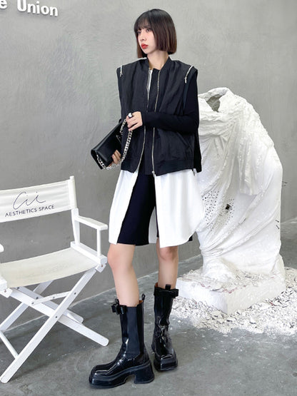 Cool Street Split-Joint Zipper Buttoned Round-Neck Sleeveless False Two Vest Outwear