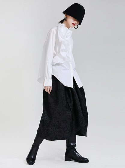 Stylish Falbala Split-Joint Solid Color Buttoned Stand Collar Long Sleeves Blouse