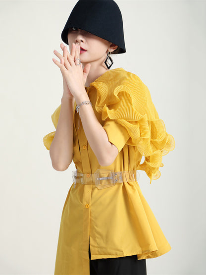 Stylish Irregular 4 Colors Split-Joint Pleated Mesh Falbala Buttoned Lapel Collar Bishop Sleeves Blouse