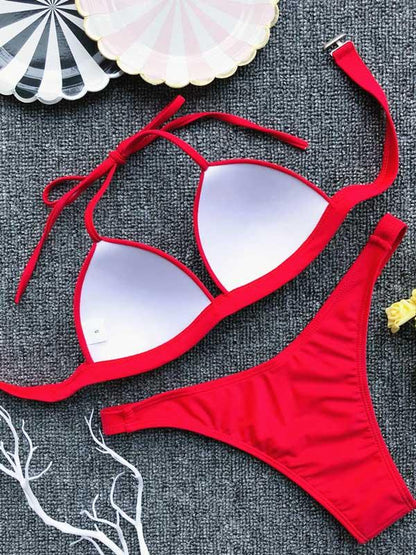 Plain Halter Narrow Straps Cami Bikini Swimsuit