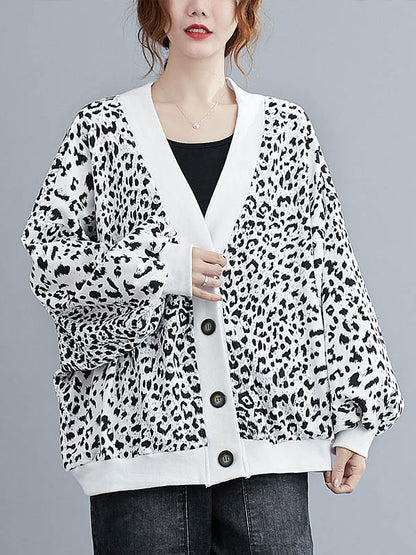 Original Leopard Buttoned V-Neck Long Sleeves Outwear