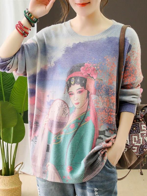 Vintage Opera Figure Printed Round-neck Sweater