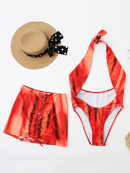 Tie-Dyed Hollow One-Piece Swimwear+Drawstring Cover-Ups Skirt Two-Pieces Set