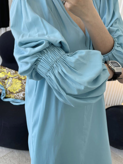 Fashion Split-Front Puff Sleeves V-Neck Midi Dress