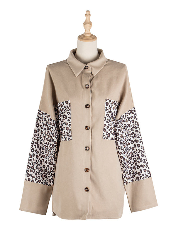Casual Split-Joint Leopard Buttoned Lapel Collar Long Sleeves Blouse Outwear