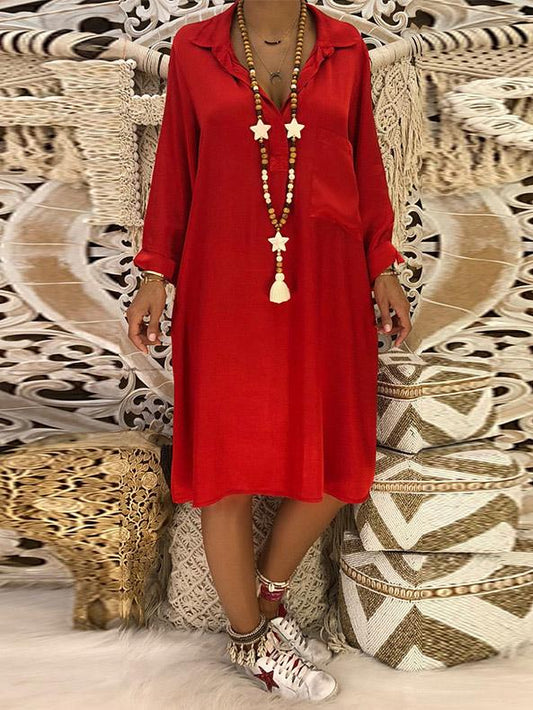 Loose V-neck Pocket Long Sleeves Midi Dress