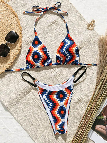 Spaghetti-Neck Bandage Printing Split Type Bikini Swimsuit