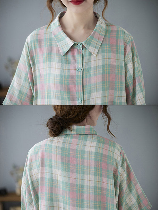 Urban Plaid Half Sleeve Lapel Shirt Dress