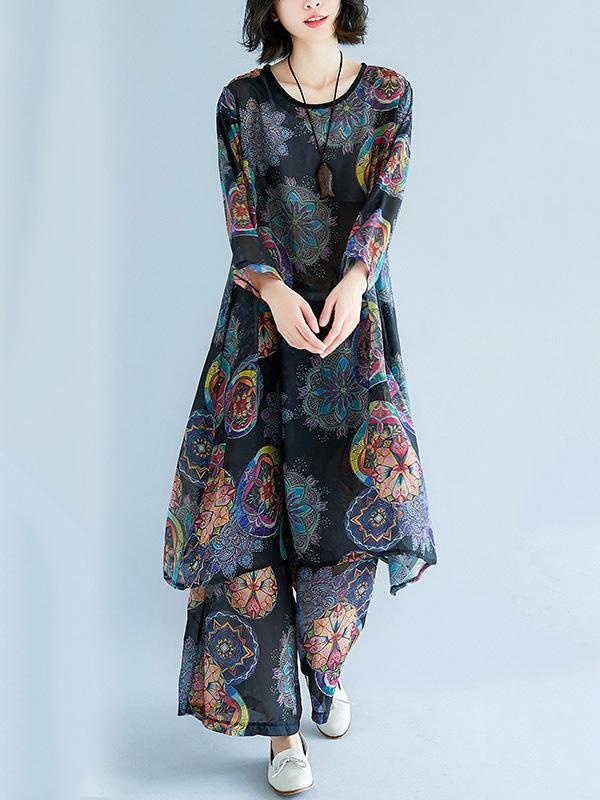 Loose Chiffon Floral Printed Long Shirt+Pants Suits