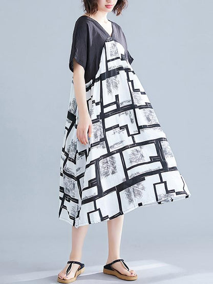 Cotton Linen Printed  V-neck Dress