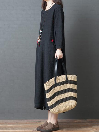 Red&Black Loose Round-neck Ramie Cotton Linen Dress
