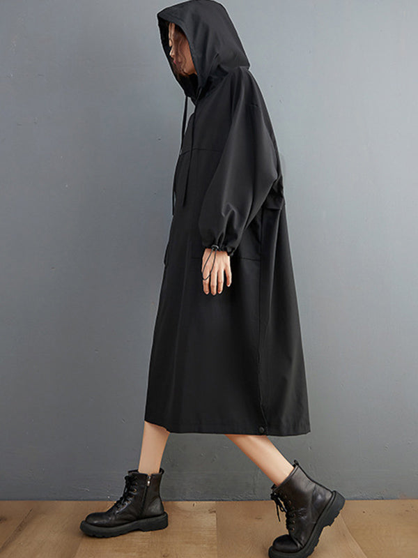 Casual Split-Side Solid Color Hooded Drawstring Long Sleeves Midi Dress