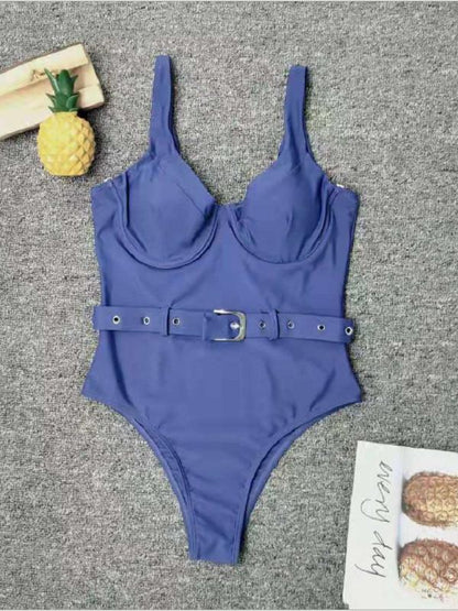 Sexy Steel Ring Corsage Collar+Sash One-Piece Swimwear