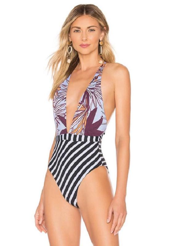 V-Neck Stripe Stitching Printing One-Piece Swimwear