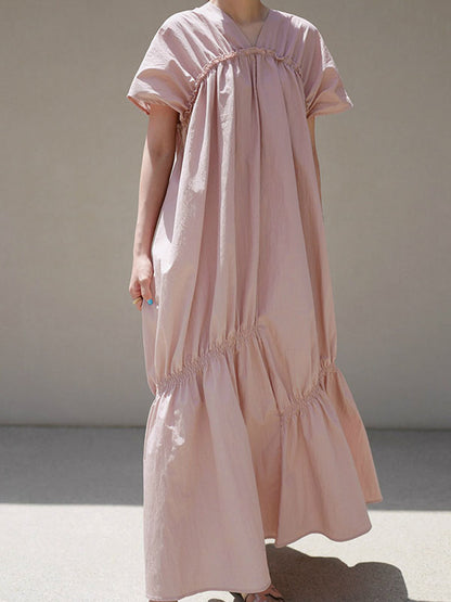 Casual Solid Color Falbala Pleated V-Neck Short Sleeves Maxi Dress