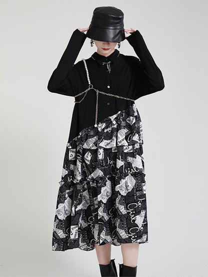 Original Falbala Letter Printed Split-Joint Buttoned Lapel Collar Long Sleeves Midi Dress