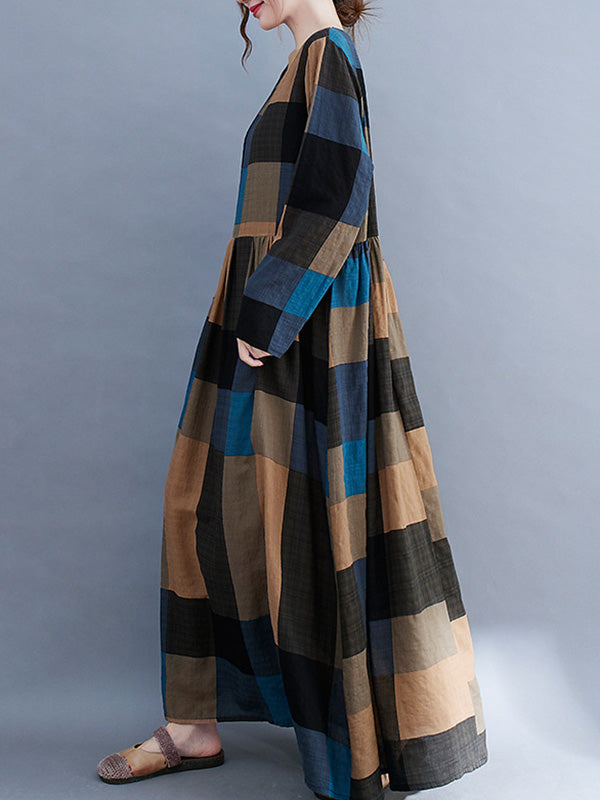 Vintage Ramie Cotton Long Sleeves A-Line Maxi Dresses