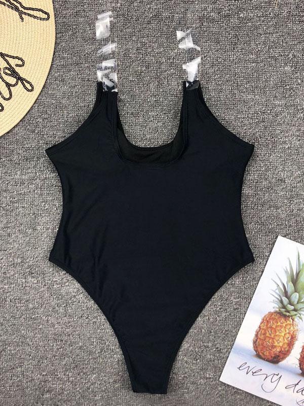 Sexy Low Collar Transparent Shoulder Strap One-Piece Swimwear