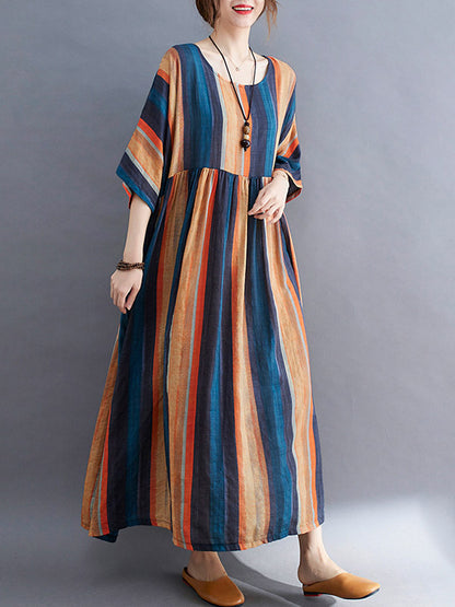 Colorful Stripe Split-Joint Round-Neck Long Dress