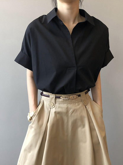 Simple Urban Solid Color Pleated Lapel Collar Short Sleeves Blouse