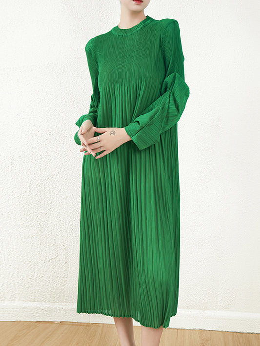 Loose Long Pile Sleeves Pleated Solid Color Round-Neck Midi Dresses