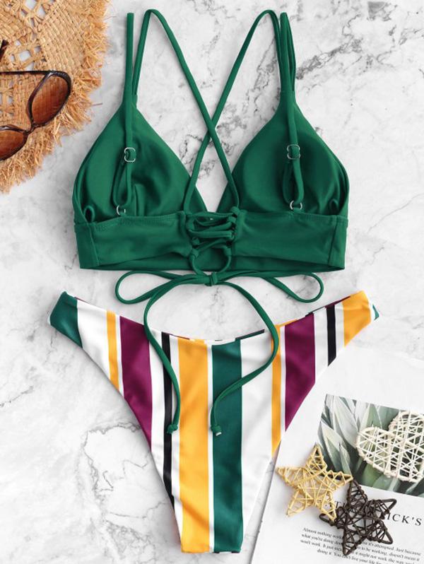 Striped Bandage Backless Split Bikini Swimsuit