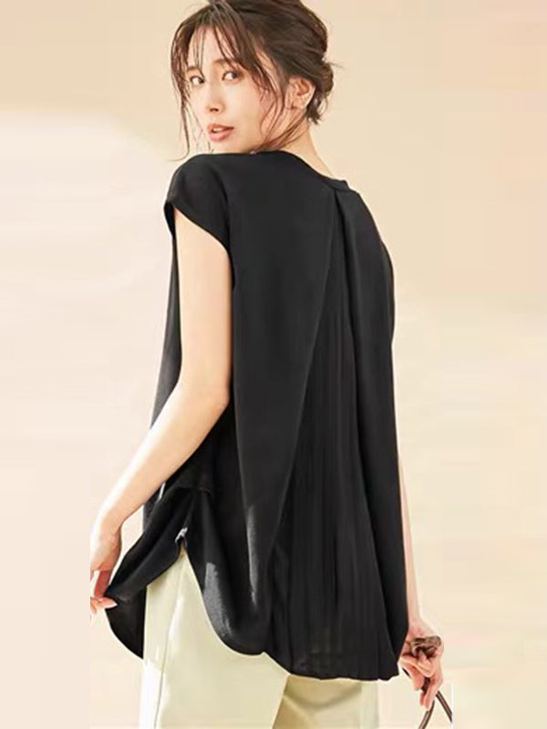 Simple Solid Color Pleated Round-Neck Short Sleeves T-Shirt