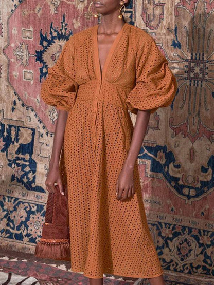 New Puff Sleeve High Waist Midi Dress