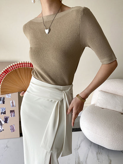 Original Simple Casual Solid Color Skinny Knitting T-Shirt Top