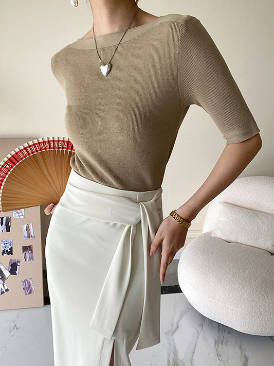 Original Simple Casual Solid Color Skinny Knitting T-Shirt Top