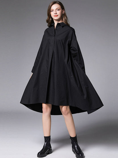 Simple Loose 4 Colors Buttoned Lapel Collar Raglan Sleeves High-Low Midi Dress