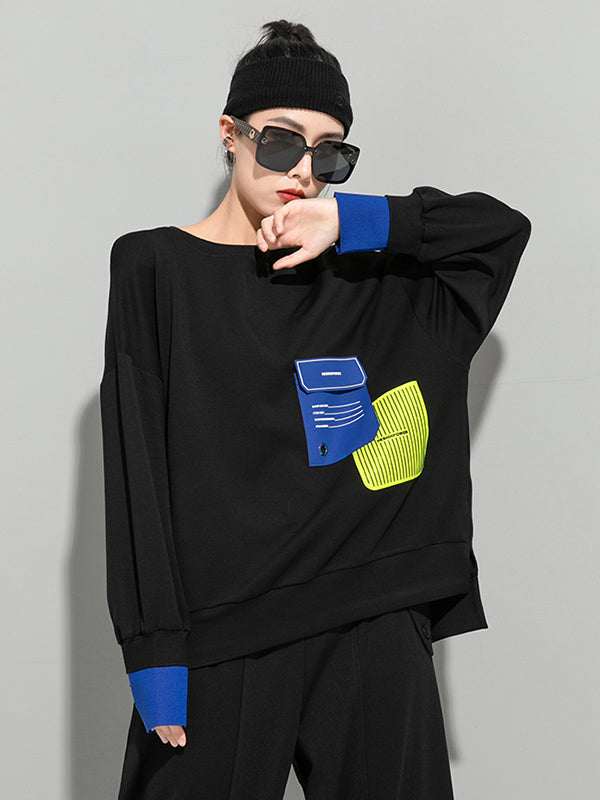 Casual Cool Contrast Color Split-Joint Letter Printed Round-Neck Long Sleeves Sweatshirts