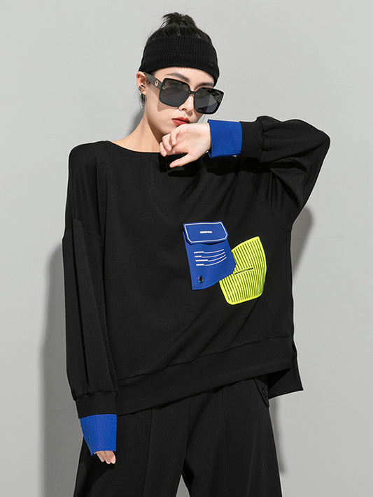 Casual Cool Contrast Color Split-Joint Letter Printed Round-Neck Long Sleeves Sweatshirts