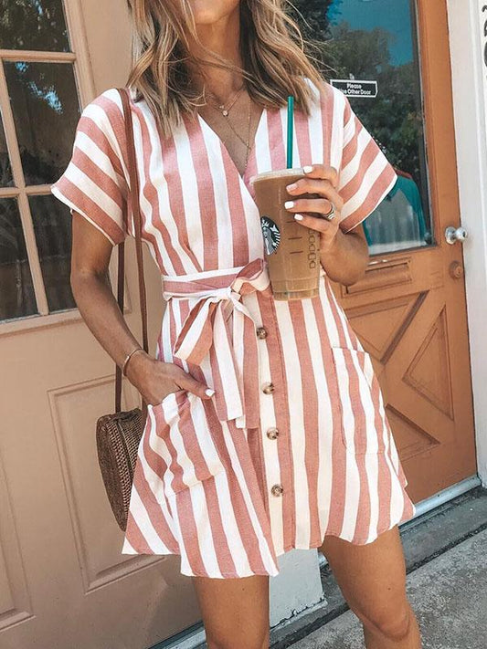 Bohemia Short Sleeves Striped Mini  Dress