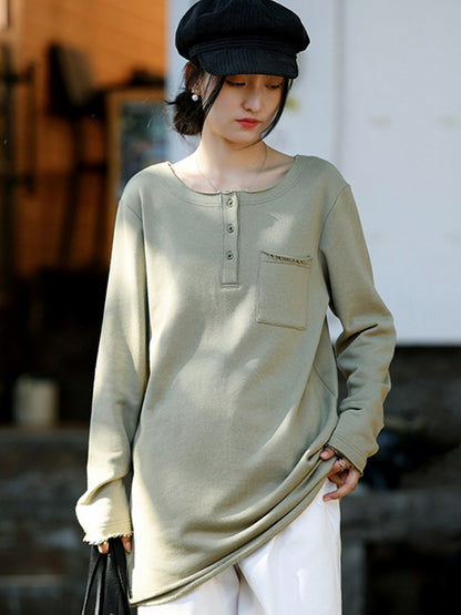 Artistic Retro Long Sleeves Loose Solid Color Round-Neck T-Shirts Tops