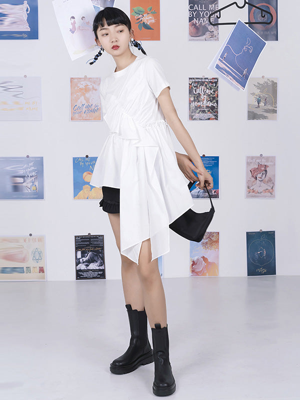 Fashion White Pleats Asymmetric Split-Joint Round-Neck T-Shirts Top